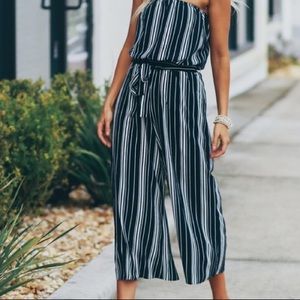 Striped Strapless Jumpsuit in Midnight Blue